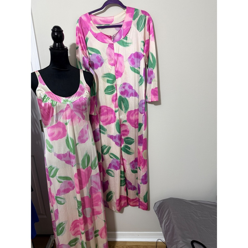 Vtg Lorraine‎ Floral Nightgown Robe sz L Nylon boho 50s PEIGNOIR set glam FLAWS